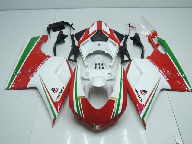 Blanco & Rojo con Verde Raya Carenado Moto Ducati 848 1098 1198 07-14 Blanco & Rojo con Verde Raya Carenado Moto Ducati 848 1098 1198 07-14