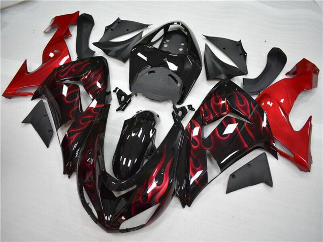 Online Negro Brillante Rojo Llama Carenados Moto Kawasaki ZX10R 2006-2007
