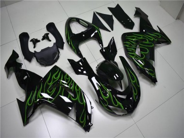 Online Negro Brillante Verde Llama Carenado Moto Kawasaki ZX10R 2006-2007