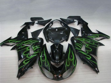 Online Negro Brillante Verde Llama Carenado Moto Kawasaki ZX10R 2006-2007