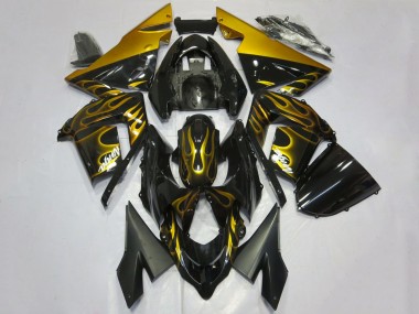 Online Negro Brillante Oro Llama Carenado Moto Kawasaki ZX10R 2004-2005
