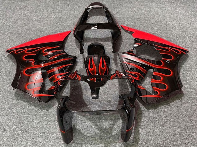 Online Negro Brillante Rojo Llama Carenado Moto Kawasaki ZX6R 2000-2002