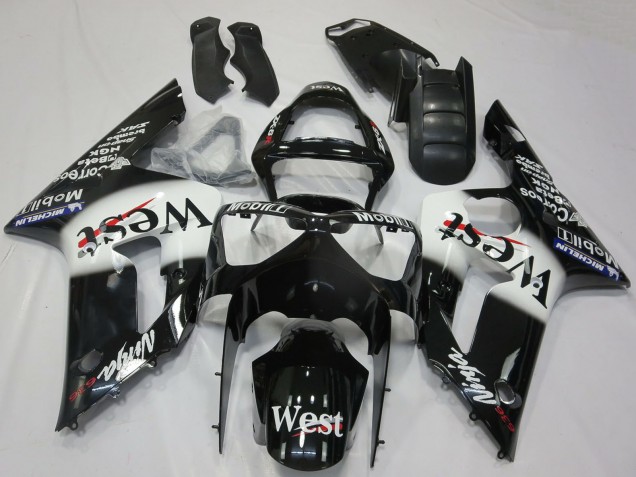 Online Negro Brillante Blanco West Carenado Moto Kawasaki ZX6R 2003-2004