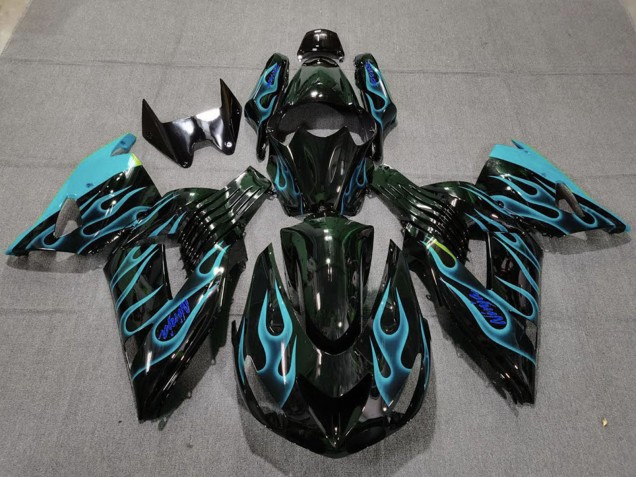 Online Negro Brillante Azul Claro Llama Carenado Moto Kawasaki ZX14R 2006-2011
