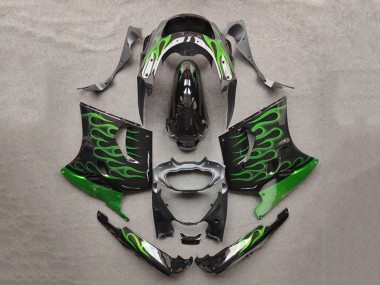 Online Negro Brillante Verde Llama Carenado Moto Kawasaki ZZR1100 1993-2003