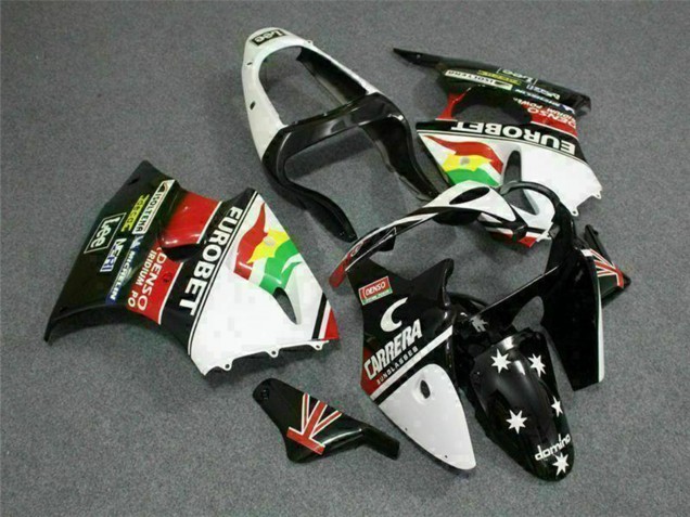 Online Blanco Rojo Amarillo Verde Negro Brillante Estrella EuroBet Carenado Moto Kawasaki ZX6R 2000-2002