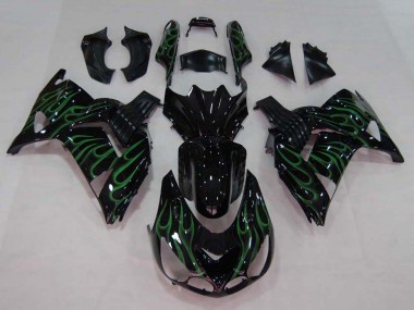 Online Negro Brillante Verde Llama Carenados Moto Kawasaki ZX14R ZZR1400 2006-2011