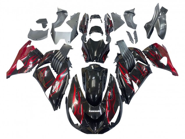 Online Negro Brillante Rojo Llama Kits Carenados Moto Kawasaki ZX14R ZZR1400 2006-2011