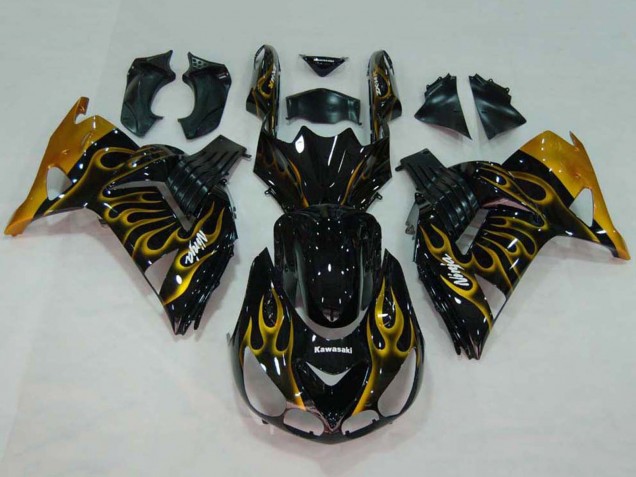 Online Negro Brillante Oro Llama Carenado Moto Kawasaki ZX14R ZZR1400 2006-2011
