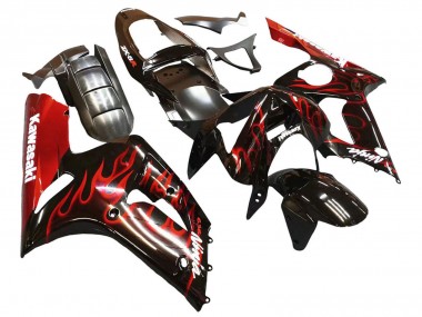 Online Negro Brillante Rojo Llama Carenado Moto Kawasaki ZX6R 2003-2004