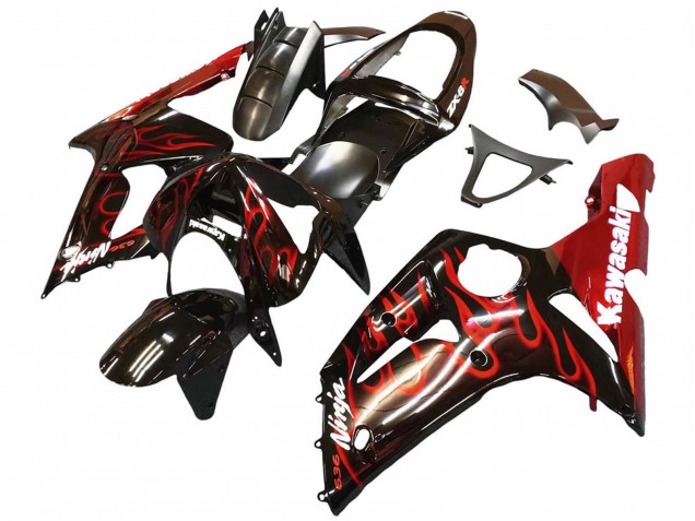 Online Negro Brillante Rojo Llama Carenado Moto Kawasaki ZX6R 2003-2004
