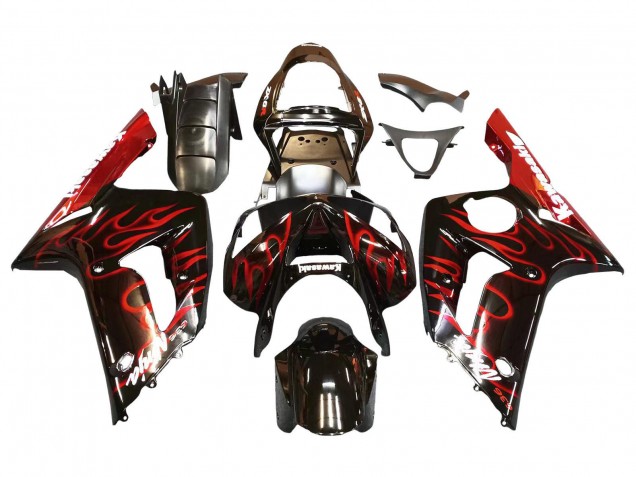 Online Negro Brillante Rojo Llama Carenado Moto Kawasaki ZX6R 2003-2004