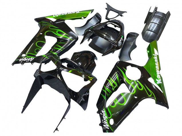 Online Negro Brillante Verde Llama Carenado Moto Kawasaki ZX6R 2003-2004