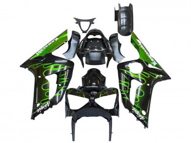 Online Negro Brillante Verde Llama Carenado Moto Kawasaki ZX6R 2003-2004