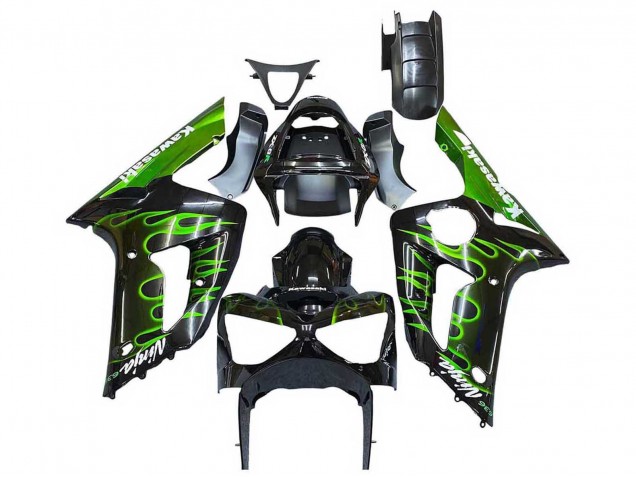 Online Negro Brillante Verde Llama Carenado Moto Kawasaki ZX6R 2003-2004