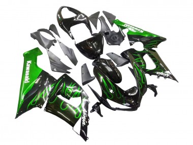 Online Negro Brillante Verde Llama Carenados Moto Kawasaki ZX6R 2005-2006