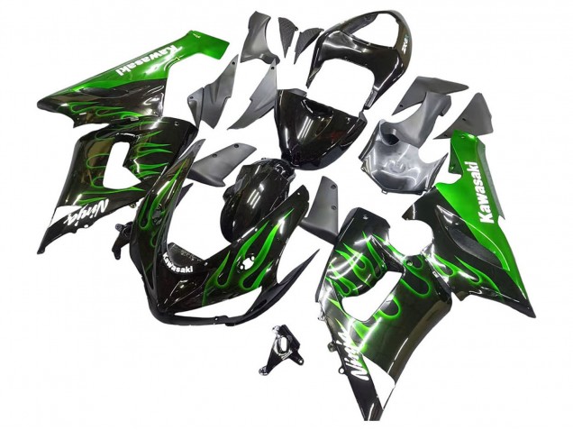 Online Negro Brillante Verde Llama Carenados Moto Kawasaki ZX6R 2005-2006