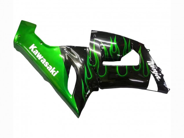Online Negro Brillante Verde Llama Carenados Moto Kawasaki ZX6R 2005-2006