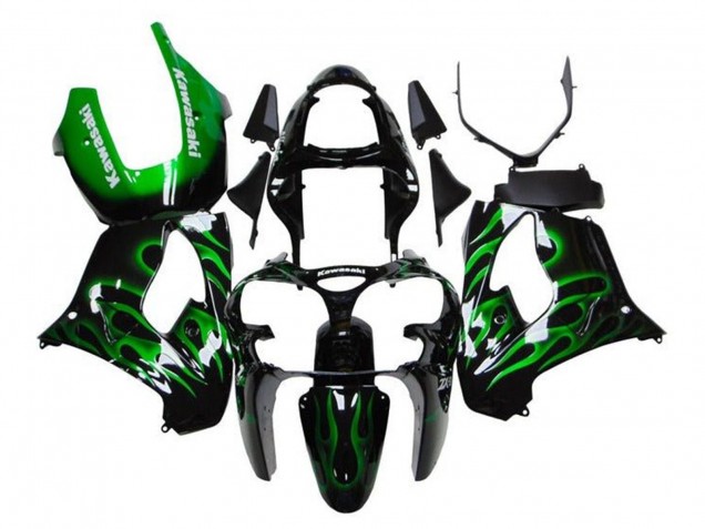Online Negro Brillante Verde Llama Blanco Carenado Moto Kawasaki ZX9R 2000-2001