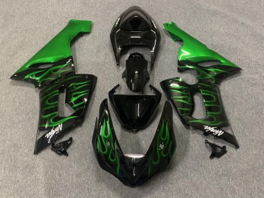 Online Negro Brillante Verde Llama Carenado Moto Kawasaki ZX6R 2005-2006