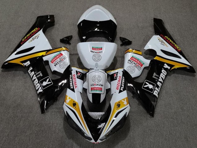 Online Blanco Negro Oro Rojo Rizoma Playboy Carenado Moto Kawasaki ZX6R 2005-2006