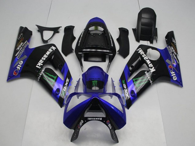 Online Negro Brillante Azul Verde Monstruo Carenado Moto Kawasaki ZX6R 2003-2004