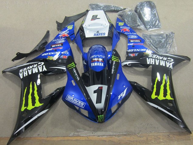 Online Blanco Azul Negro Neon Amarillo Monstruo Graves 1 Carenado Moto Yamaha YZF R1 2002-2003
