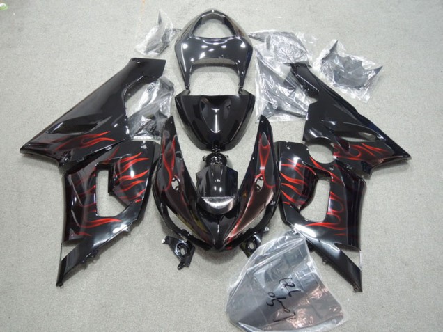 Online Negro Brillante Rojo Llama Carenado Moto Kawasaki ZX6R 2005-2006