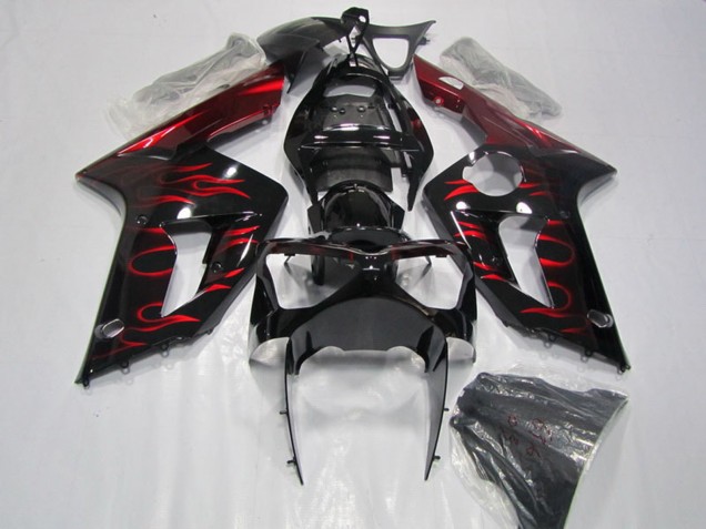 Online Negro Brillante Rojo Llama Carenados Moto Kawasaki ZX6R 2003-2004