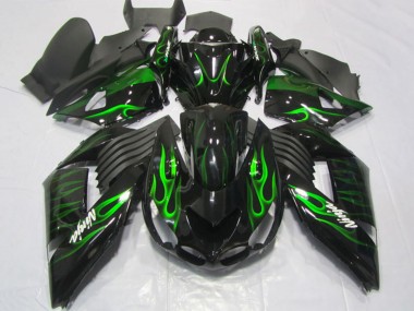 Online Negro Brillante Verde Llama Carenado Moto Kawasaki ZX14R ZZR1400 2006-2011