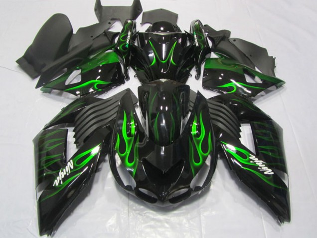 Online Negro Brillante Verde Llama Carenado Moto Kawasaki ZX14R ZZR1400 2006-2011